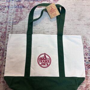 Trader Joe's Large Canvas Tote Reusable Bag 20x14x6" Green/White-Brand New!!